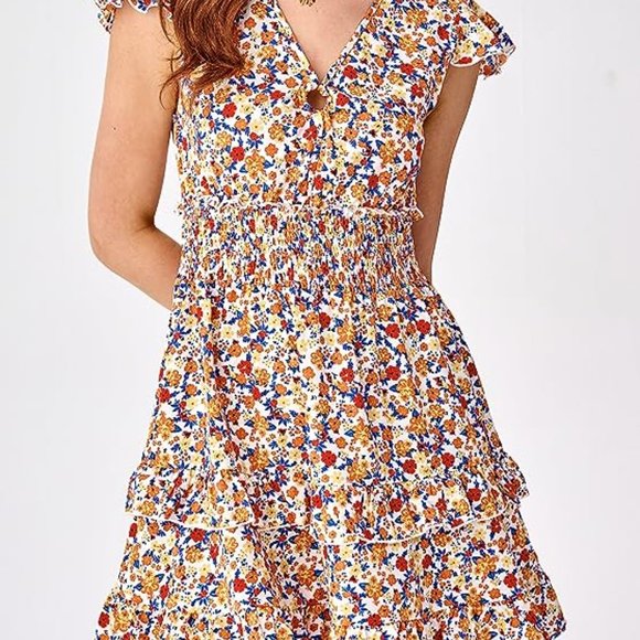 Boho V Neck Floral Print Ruffle Sleeve Layered Mini Dress Cute Smocked Waist Sho - Picture 6 of 7